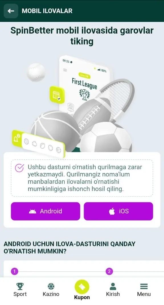 SpinBetter yuklab olish — mobil ilova va APK fayl sahifasi