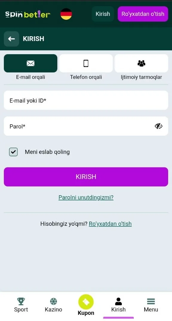 SpinBetter kirish — hisobga kirish shakli ekranda