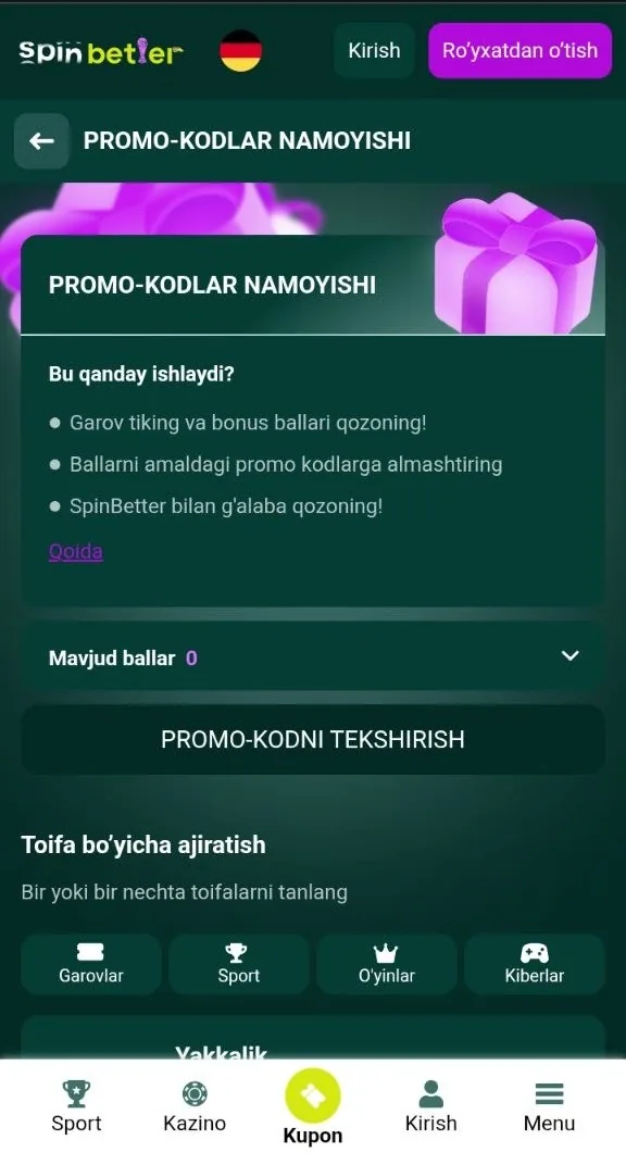 SpinBetter promokodi — roʻyxatdan oʻtish shaklidagi kod maydoni